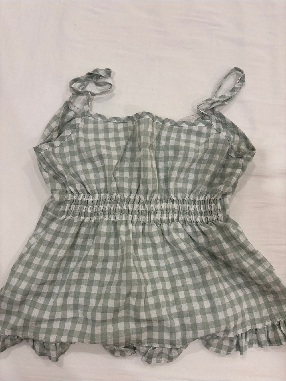 Gingham Ruffle Spaghetti-Strap Tank Top - Sage Green - Picture 2 of 2
